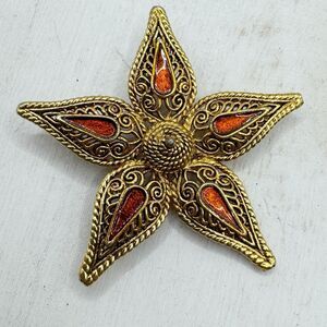 Vintage Filigree Etruscan Style Star Flower Brooch Orange Enamel Fall Autumn